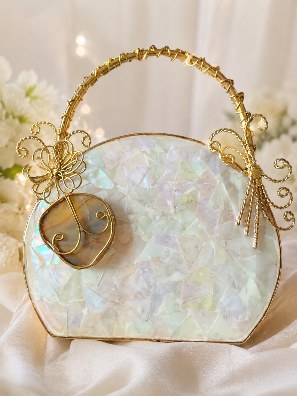 Elegant Iridescent Shell Top-Handle Bag in Gold